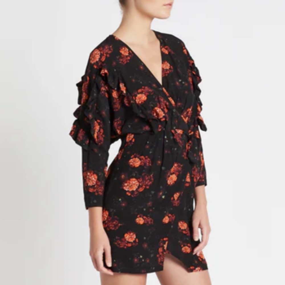 IRO Paris Nucha Floral Wrap Dress Size 34 Ruffle Dark Romantic Cottagecore